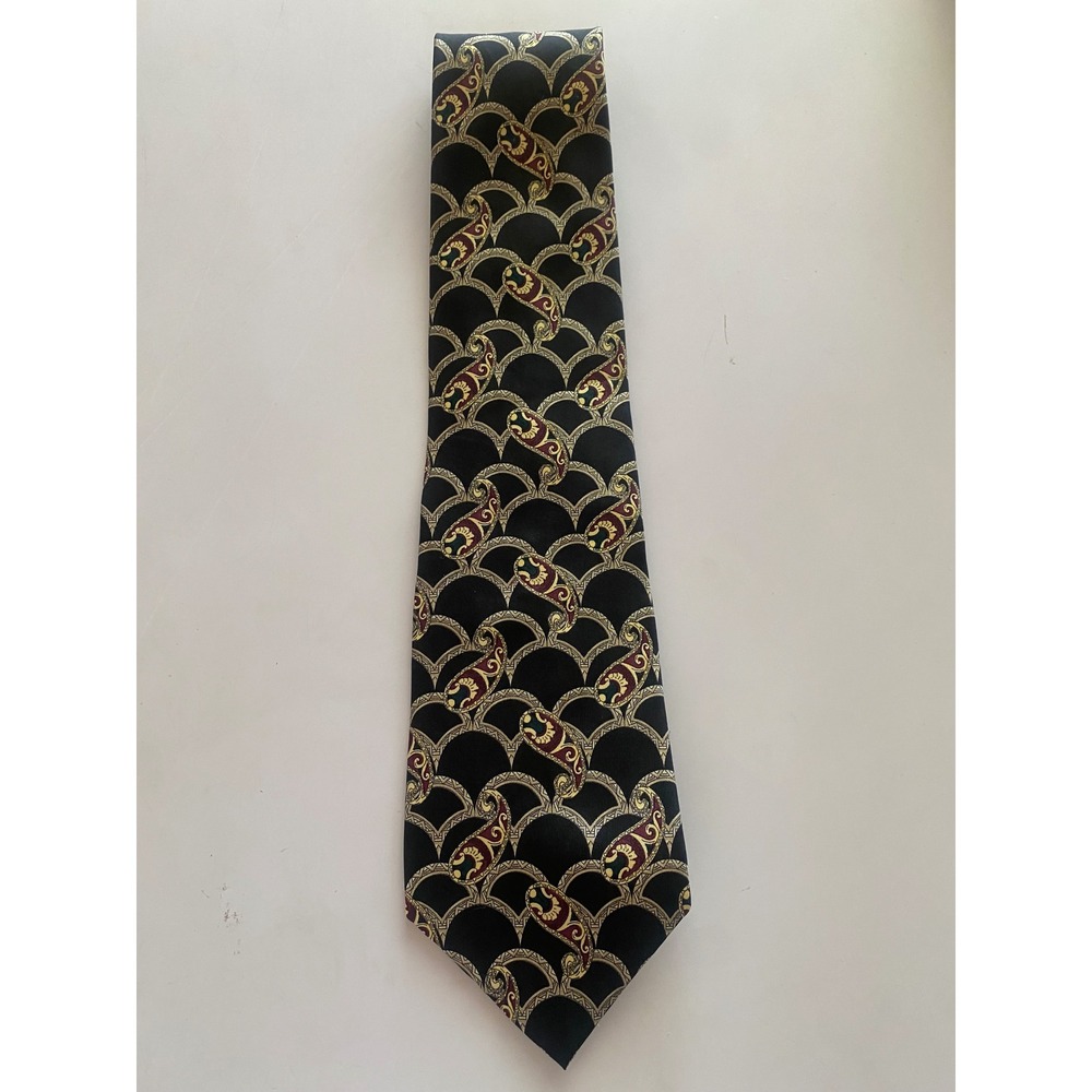 Nubio Collezione Esclusivo Mens Silk Tie Black Gold Burgundy Paisley Geometric